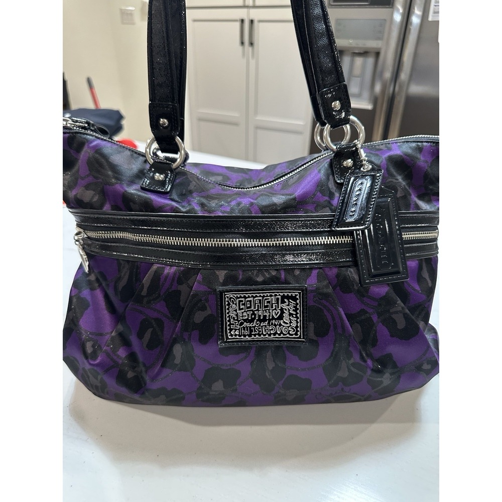Coach Poppy Daisy Leopard Ocelot Large Shoulder Bag Purple/Black  F20060